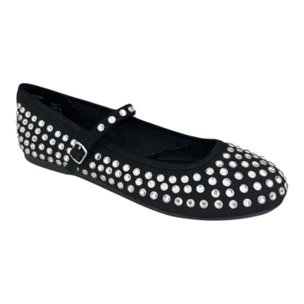Elegant Women's Studded Mary Jane Flats / Black Rhinestone